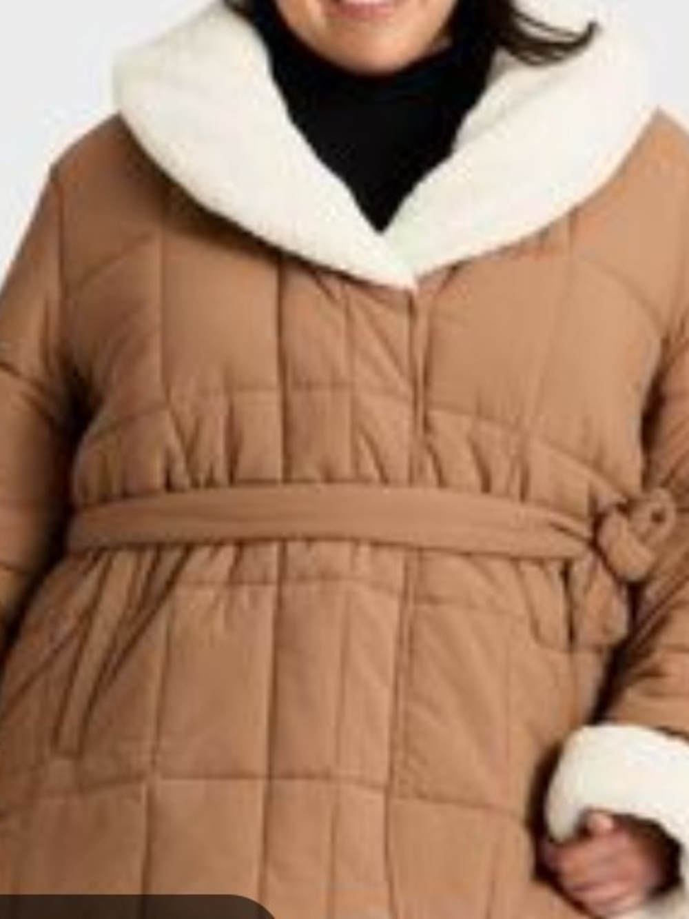 Ava & Viv Camel Quilted Puffer with Cream Faux-Shearling Trim and Belt
